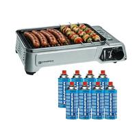 KEMPER - Barbacoa de gas portátil de 1900 W parrilla antiadherente + 8 cartuchos de gas butano, pequeña barbacoa de gas ideal para camping, terraza, exterior