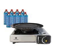 KEMPER - Barbacoa parrilla 2 en 1 estufa de gas piezoeléctrico 2200 W + placa parrilla + 8 cartuchos de gas Butano Camping