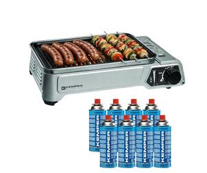 KEMPER - Barbacoa portátil de gas, 1900 W, revestimiento antiadherente + 8 cartuchos de gas butano, pequeña barbacoa de gas, ideal para camping, terraza, exterior