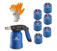 Kemper - Lámpara para soldar + 6 bombonas de gas butano seguro + guantes de regalo | Soplete de encendido profesional para bricolaje, barbacoa, deshierba, soldaduras ligeras