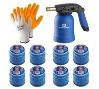 Kemper - Lámpara para soldar + 8 bombonas de gas butano seguro + 2 guantes de regalo | Soplete de encendido profesional para bricolaje, barbacoa, deshierba, soldaduras ligeras