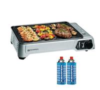 KEMPER - Plancha de gas portátil de 2300 W, placa antiadherente + 2 cartuchos de gas camping + maleta de transporte