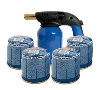 KEMPER - Soplete de soldadura con carcasa piezoeléctrica de acero + 4 cartuchos de gas 190g con dispositivo de seguridad de parada de gas