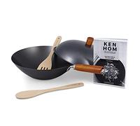 Ken Hom Wok Set 5 Piezas Acero Carbono Antiadherente, 31cm, Classic, Sartén Sin Inducción/Con Mango De Madera/Base Plana, No Apto Para Lavavajillas, 2 Años de Garantía, KH331051