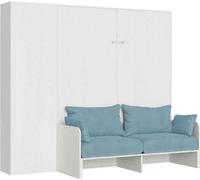 Kentaro: Cama nido abatible de 160 cm con sofá y estructura en madera de fresno, color blanco y azul claro
