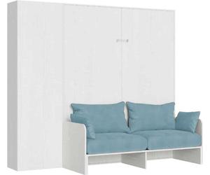 Kentaro: Cama nido abatible de 160 cm con sofá y estructura en madera de fresno, color blanco y azul claro