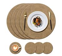 KERYCHIN Juego de 4 manteles individuales redondos de cuero (34 cm) y 4 posavasos (10 cm), resistentes al calor, antideslizantes e impermeables, mesa de comedor de cristal al aire libre, (beige)