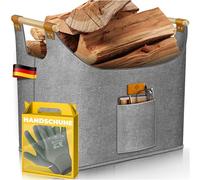 KESSER® Cesta plegable con asas de madera reforzadas, para leña de 60 litros, bolsa de fieltro extra grueso, almacenamiento periódico o madera