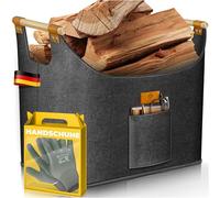 KESSER® Cesta plegable con asas de madera reforzadas, para leña de 60 litros, bolsa de fieltro extra grueso, almacenamiento periódico o madera
