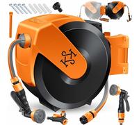 KESSER® Enrollador de Mangueras, Manguera de Jardín, Montaje en Pared, Giro de 180° y Retracción Automática, incl. Teleducha de 7 funciones, 15m - Negro/Naranja