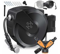 KESSER® Enrollador de Mangueras, Manguera de Jardín, Montaje en Pared, Giro de 180° y Retracción Automática, incl. Teleducha de 7 funciones, 25m - Antracita/Negro