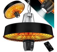 KESSER Estufa de techo con infrarrojos de 2500 W, con mando a distancia, calentador de cuarzo, luz LED, techo, con cadena y mosquetón, elemento calefactor de carbono