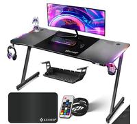 KESSER® Mesa de Juegos LED 160 cm x 60 cm, con Forma de Z, Gancho para Auriculares y Revestimiento de carbón, Mesa ergonómica para Ordenador, Mesa Estable con Soporte para Bebidas, Color Negro