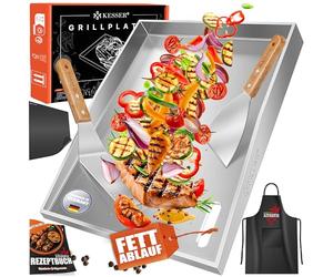 KESSER® Plancha de asar de acero inoxidable 40x30cm sin óxido con desagüe de grasa, resistente al calor hasta 800°C y apta para lavavajillas para parrilla de gas y carbón vegetal incl. 2 espátulas
