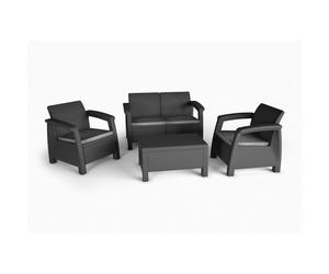 KETER Bahamas: Conjunto exterior de resina efecto ratán con cojines, sofá doble 127x70x79, 2 sillones 74x70x79, mesa 77x57x42.
