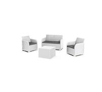 Keter Conjunto de Jardín Rosalie 2 sillones y sofá 2 plazas y Mesa | 120 x 64 x 60 cm, color blanco, Resina imitación ratán Trenzado, Cojines incluidos, mesa contenedora
