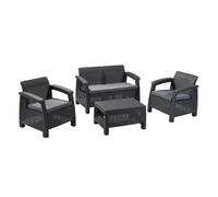 Keter Corfu Conjunto de jardín Exterior 4 plazas y Mesa con Cojines incluidos, Resina con Acabado ratán Plano, Color Grafito