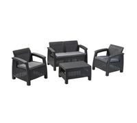 Keter Corfu Conjunto de jardín Exterior 4 plazas y Mesa con Cojines incluidos, Resina con Acabado ratán Plano, Color Grafito