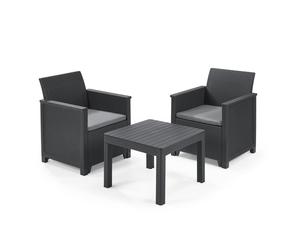 KETER Conjunto de terraza Jardín EMMA cojines grafito Mesa 58,5x58,5x43; Silla/Sillón 63x65x74; Sofá 113x65x74 AnxPxAl cm