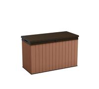 Keter Darwin 662L - Caja de almacenamiento para exterior resistente a la intemperie con aspecto de madera, tapa con cerradura con sistema hidráulico, protección UV, sin mantenimiento, asiento para 2