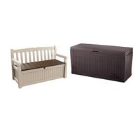 Keter Eden - Banco arcón Exterior, Baúl almacenaje, Capacidad 265L, Resina, Color Beige, 140 x 60 x 84 cm & Comfy - Arcón Exterior, Baúl almacenaje, Capacidad 270L, Resina, Color marrón, Ordenación
