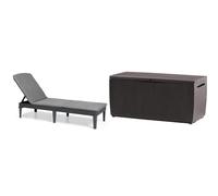Keter Jaipur-Tumbona de Jardín Plegable, para Exterior Ideal terrazas, Patios, Jardines, con cojín Incluido, Color Gris & Capri - Arcón Exterior, Baúl almacenaje, Capacidad 305L, Resina, Color marrón