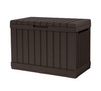 Keter KENTWOOD - Baúl de jardín de 190 l, color marrón, resistente a la intemperie, efecto madera con función de asiento, resistente a los rayos UV, con cerradura, para interior y exterior