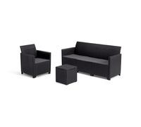 Keter Nora Conjunto de jardín Exterior 4 plazas con Cojines incluidos y Mesa de almacenaje Auxiliar de 35L, Posibilidad de 2 configuraciones de Montaje (2+2 o 3+1), Color Grafito