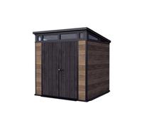 Keter Signature - Cobertizo para jardín (7 x 7 cm, puerta doble y placa inferior, cerrable, plástico, resistente a la intemperie, 4,7 m², nogal)