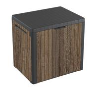 Keter Signature Everwood - Caja de almacenamiento de resina para exteriores de 30 galones y mesa auxiliar para muebles de patio para accesorios de piscina y jardín, nogal