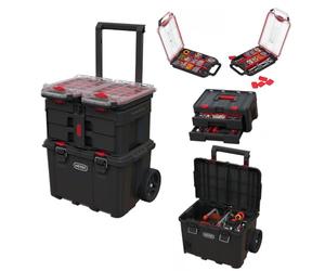Keter Stack-n-Roll - Organizador modular de herramientas para almacenamiento de garaje y bricolaje, sistema de caja de herramientas rodante de resina de 4 piezas para piezas pequeñas, color negro