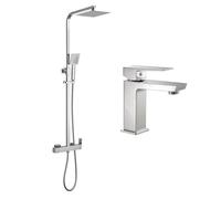 Kibath Conjunto Columna de ducha monomando CHE más Grifo de lavabo CHE .Tubo Extensible Extraplano regulable en Altura de 73 a 122 cm. Cromo Brillo, 830x1200