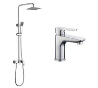 Kibath Conjunto Columna de ducha monomando más grifo de lavabo NAD, Tubo Extensible regulable en Altura de 80 a 120 cm. Frabricado en latón acabado cromo Brillo.