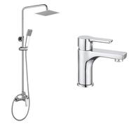 Kibath Conjunto Columna de ducha monomando más grifo de lavabo PIN, Tubo Extensible regulable en Altura de 80 a 120 cm. Frabricado en latón acabado cromo Brillo.