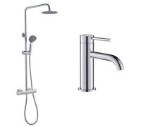 Kibath Conjunto Columna de ducha monomando más grifo de lavabo ZUÑ, Tubo Extensible regulable en Altura de 80 a 120 cm. Frabricado en latón acabado cromo Brillo.