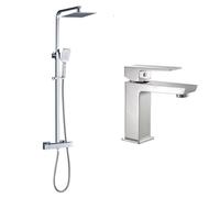 kibath Conjunto Columna de ducha termostática cuadrada Extraplana más Grifo de lavabo VER.Tubo regulable en Altura de 85x120 mm, Cromo Brillo. Fabricada en latón y acero inoxidable.