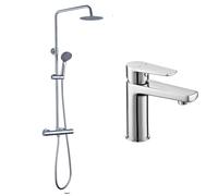 kibath Conjunto Columna de ducha termostática más Grifo de lavabo FUS.Tubo regulable en Altura de 85x115 mm, Cromo Brillo. Fabricada en latón y acero inoxidable.