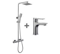 Kibath Conjunto Columna de ducha termostática QUAD más Grifo de lavabo DEN.Tubo regulable en Altura de 830x1200, Cromo Brillo