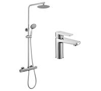 Kibath Conjunto Columna de ducha termóstatica ROU más Grifo de lavabo AST, Tubo regulable en Altura de 80 a 120 cm, Cromo Brillo, 830x1200