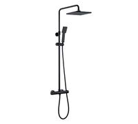 Kibath Conjunto de ducha termostático negro mate cuadrado. Tubo regulable en Altura de 83 a 120 cm. Incluye grifo termostático, maneral, flexo y barra negra telescópica, 830x1200
