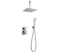 Kibath Grifo termostático ducha para empotrar ABE salida techo. Soporte con toma agua, flexo PVC plateado, brazo ducha y rociador extraplano. Ducha empotrable acabado cuadrado en cromo brillo, 153694