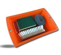 KIBROS - Juego de limpieza para el hogar | 1 recipiente de 3 litros multiusos de lavado | 1 cepillo de uñas doble 2 125 x 90 mm 1 cara Scotch Brite | 1 esponja de acero redonda NETKIT7c