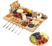 Kicinn Tabla de Quesos de Bambú con Cuchillos y Tenedores - Set de Tabla para Aperitivos y Embutidos con Bandeja de Servicio | Bandeja de Madera Ecológica para Tapas, Fruta y Carne | Regalo Original