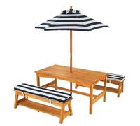 KidKraft Conjunto jardín de Mesa y 2 Bancos de Madera para niños con sombrilla y Cojines, Muebles para terrazza, Patio y Exterior al Aire Libre (00106)