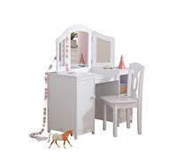 KidKraft Juego de tocador de maquillaje infantil Deluxe con espejo y espacio de almacenamiento y silla de madera, muebles para salas de juego y dormitorio de niños (13018)