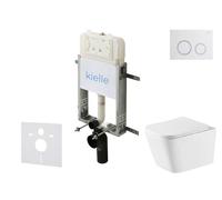 kielle Genesis New - Conjunto de instalación empotrada, inodoro Arkas I, Vortex Rimless+, asiento softclose y pulsador Gemini New II, blanco brillante/cromo 30528SZ76