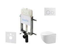 kielle Genesis New - Conjunto de instalación empotrada, inodoro compacto Gaia Rimless, asiento soft-close y pulsador Gemini New I, blanco brillante/cromo 30528SZ85