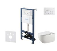 kielle Genesis New - Conjunto de instalación empotrada, inodoro Gaia Rimless, asiento con cierre suave y pulsador Gemini New II, blanco brillante/cromo 30528SS13