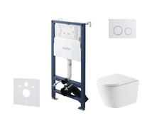 kielle Genesis New - Conjunto de instalación empotrada, inodoro Nefia, Vortex Rimless+, asiento softclose y pulsador Gemini New II, blanco brillante/cromo 30528SS49