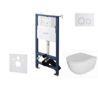 kielle Genesis New - Conjunto de instalación empotrada, inodoro Oudee Rimless, asiento soft-close y placa de descarga Gemini New II, blanco brillante/cromo 30528SS04